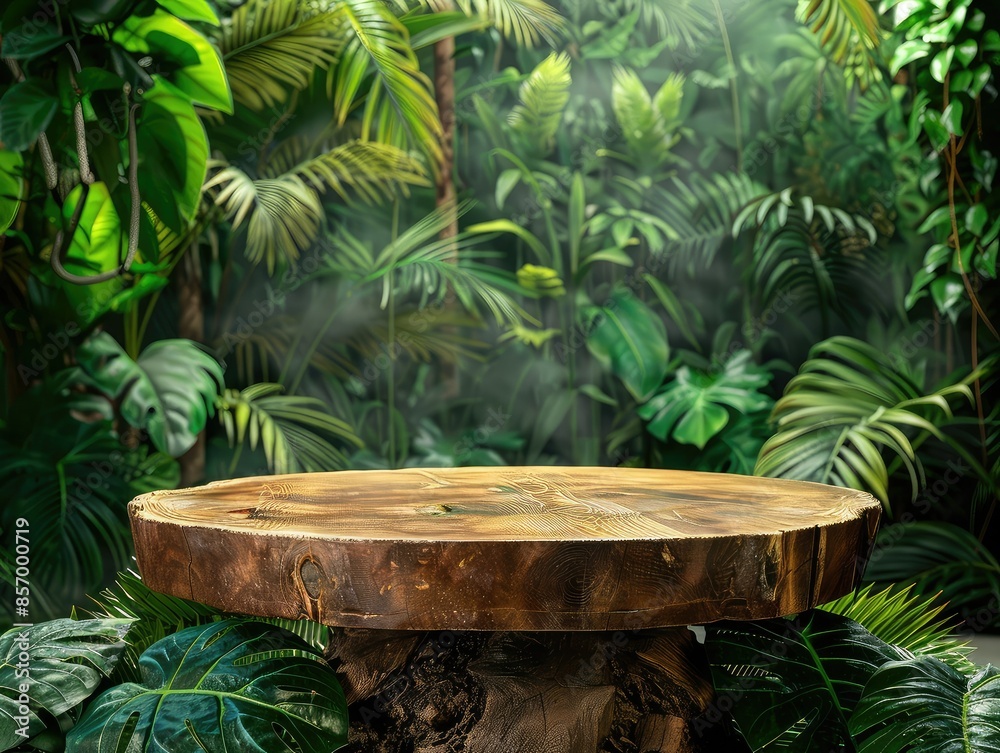 lush green jungle foliage with a wooden table for displaying products lush green jungle foliage with a wooden table for displaying products