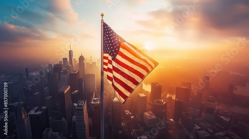 American flag waving in the sunset over a city skyline, symbolizing patriotism, freedom, and national pride.