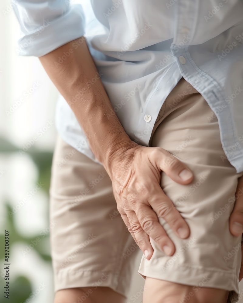 Close-up of a man in khaki shorts experiencing thigh pain, grasping his upper leg in discomfort, possibly indicating muscle strain. Close-up of a man in khaki shorts experiencing thigh pain, grasping his upper leg in discomfort, possibly indicating muscle strain.