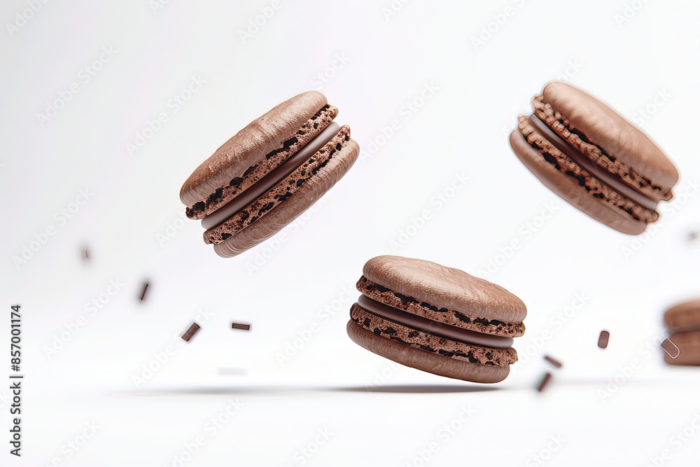 French macarons with chocolate coating floating in midair, isolated on a white background French macarons with chocolate coating floating in midair, isolated on a white background