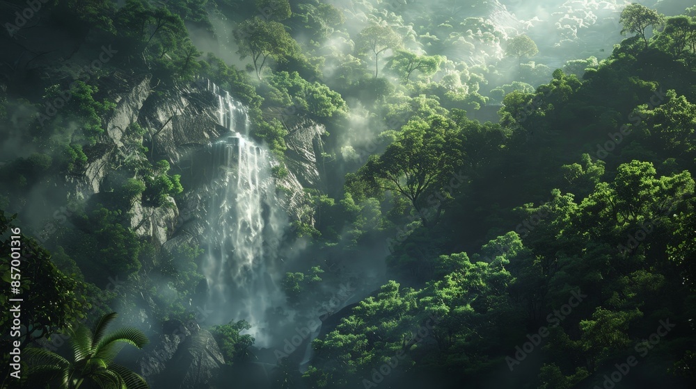Obraz premium Create a scene of a cascading waterfall hidden deep within a lush jungle, its thundering roar and misty spray adding to the sense of awe and wonder in the natural world.