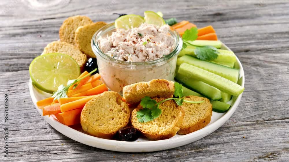 raw vegetables, toast and dips
