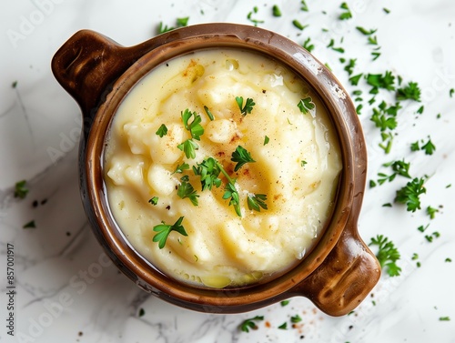 Aligot in a Rustic Terracotta Pot, Displaying the Creamy and Stretchy Cheese Blend