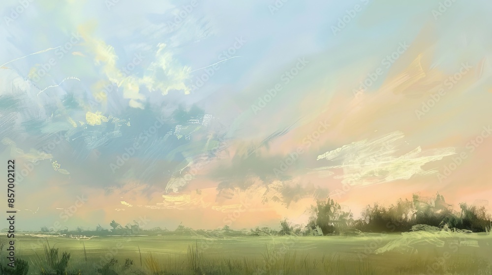 Create a scene of a serene countryside painted with the soft pastel hues of dawn, with wisps of stratus clouds adding a touch of texture and depth to the morning sky. Create a scene of a serene countryside painted with the soft pastel hues of dawn, with wisps of stratus clouds adding a touch of texture and depth to the morning sky.