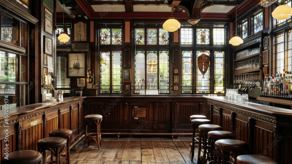 Sophisticated pub interior featuring a wooden bar, plush leather stools, and stained glass windows, ideal for a warm and welcoming atmosphere Sophisticated pub interior featuring a wooden bar, plush leather stools, and stained glass windows, ideal for a warm and welcoming atmosphere