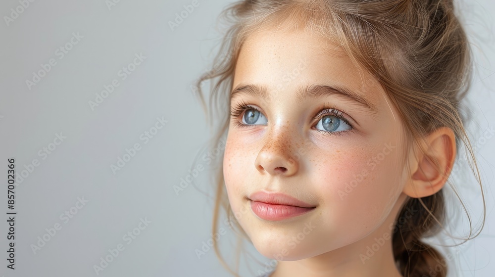 portrait caucasian little blonde girl with earrings on grey background portrait caucasian little blonde girl with earrings on grey background