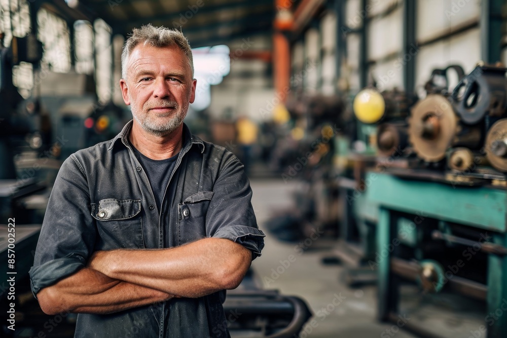 Mature man in factory workshop alone One man, mature man standing in factory workshop alone. Mature man in factory workshop alone One man, mature man standing in factory workshop alone.
