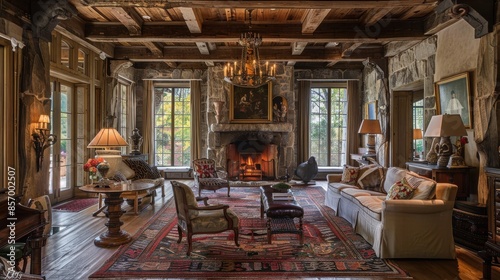 Elegant room with exposed wooden beams, a rustic stone fireplace, antique furniture, and vintage rugs, exuding timeless charm