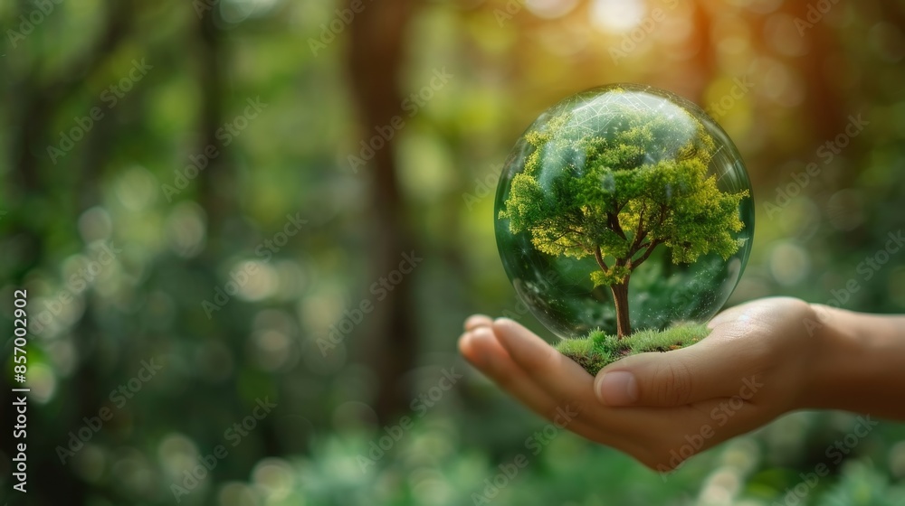 human hand holding green globe orb with growing tree save our planet, world environment day, earth day and climate change, copy space human hand holding green globe orb with growing tree save our planet, world environment day, earth day and climate change, copy space