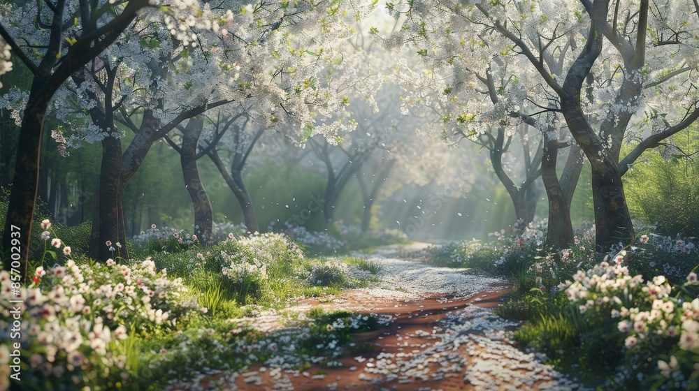 Create a scene of a tranquil woodland path bordered by the delicate white blossoms of cherry trees, their ephemeral beauty and delicate fragrance creating a magical and enchanting atmosphere. Create a scene of a tranquil woodland path bordered by the delicate white blossoms of cherry trees, their ephemeral beauty and delicate fragrance creating a magical and enchanting atmosphere.
