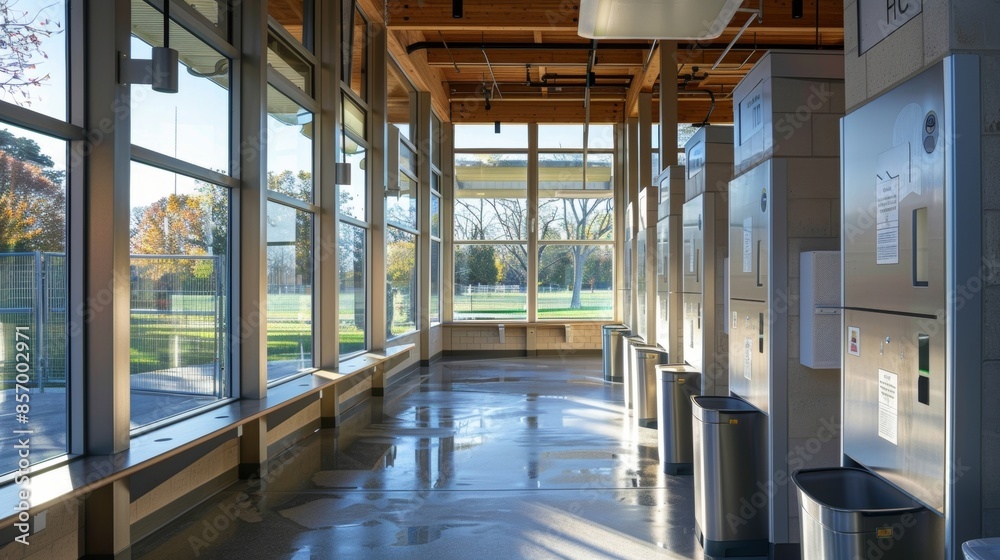 Fototapeta premium Handicappedaccessible solar powered public restroom with ample natural light and ventilation.
