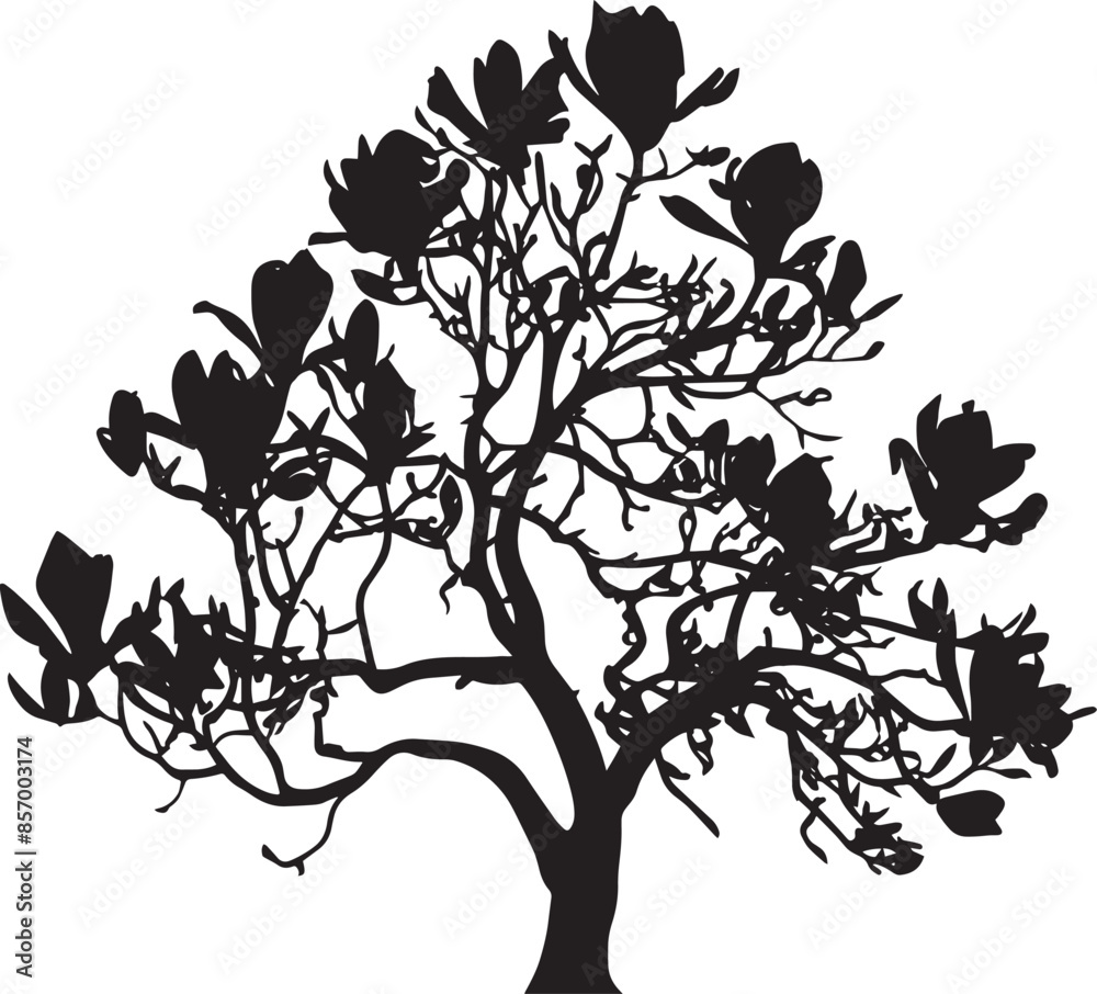 Naklejka premium Vector Silhouette of a Magnolia Tree with Detailed Branches and Blossoms on White Background