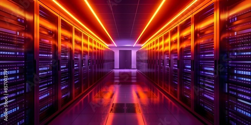 Nighttime view of data center server room with orange lights and servers. Concept Data Center, Server Room, Nighttime View, Orange Lights, Servers © Ян Заболотний