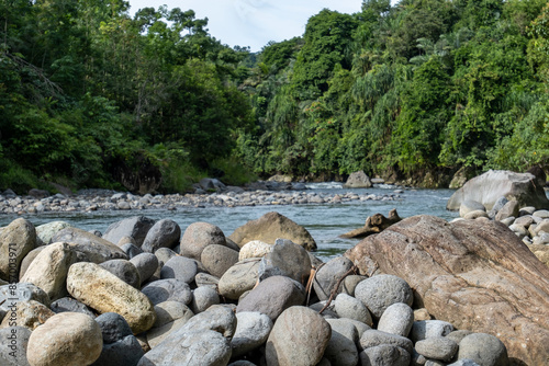 piles of river stones in a river with dense tropical forest. River stone foundation concept for building foundation construction photo