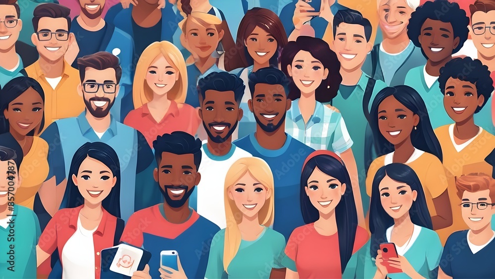 A diverse group of animated characters, both male and female, smiling and holding smartphones. There are various hair colors, styles, and clothing depicted in the crowd. A diverse group of animated characters, both male and female, smiling and holding smartphones. There are various hair colors, styles, and clothing depicted in the crowd.