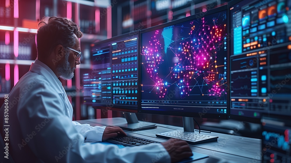 Man in Lab Coat Works at Computer With Global Data Visualization Man in Lab Coat Works at Computer With Global Data Visualization