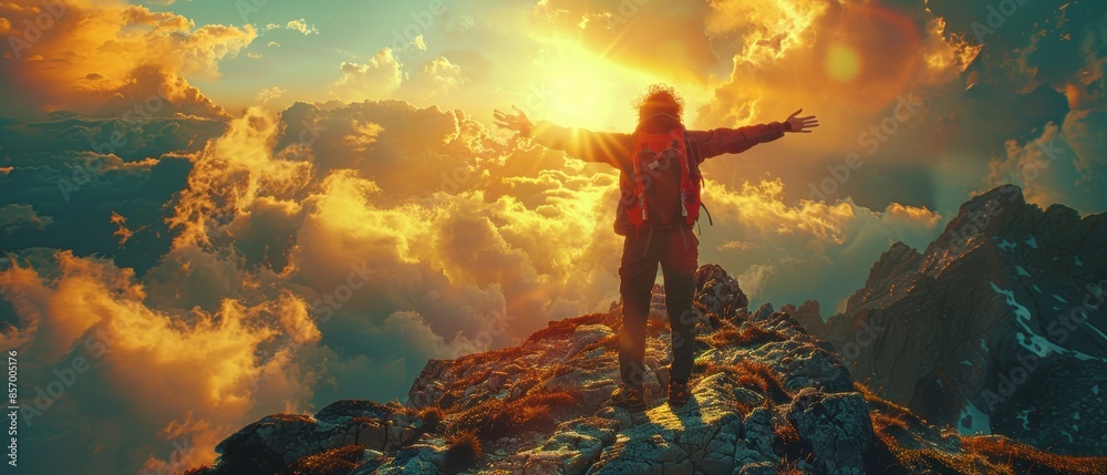 Fototapeta premium Euphoria: A person standing atop a mountain peak with arms outstretched, basking in the sunlight.