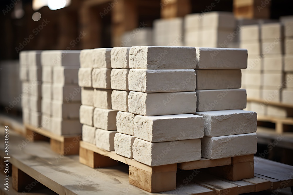 Stack of white brick on wooden pallets in warehouse, stock photo Stack of white brick on wooden pallets in warehouse, stock photo
