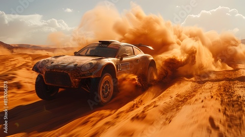 Rally racing car on dirt track, in the desert, extreme sport activities theme, created with generative ai