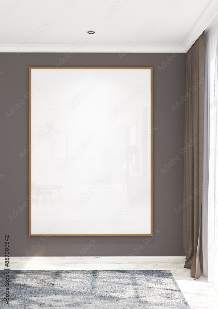 3d render of interior minimal design frame mock up on the floor with carpet side the window corner. white marble floor, brown wall and white ceiling. Set 6 3d render of interior minimal design frame mock up on the floor with carpet side the window corner. white marble floor, brown wall and white ceiling. Set 6