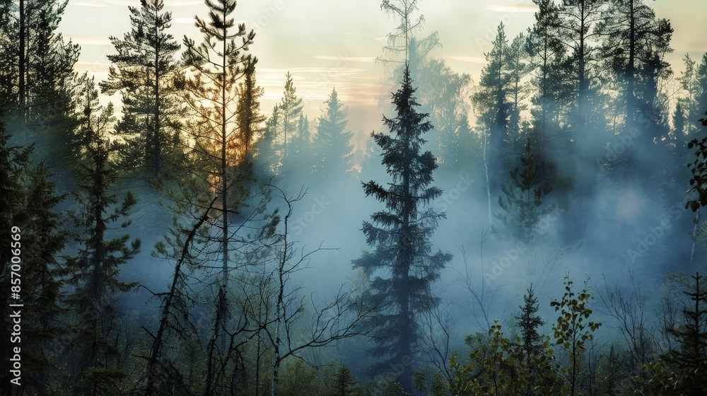 Imagine a mysterious forest shrouded in mist. Picture the tendrils of smoke weaving through the trees, adding an element of enchantment and mystery to the serene landscape.