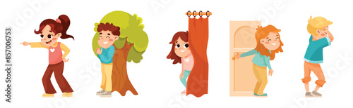 Kids Playing Hide and Seek Game Have Fun Vector Set