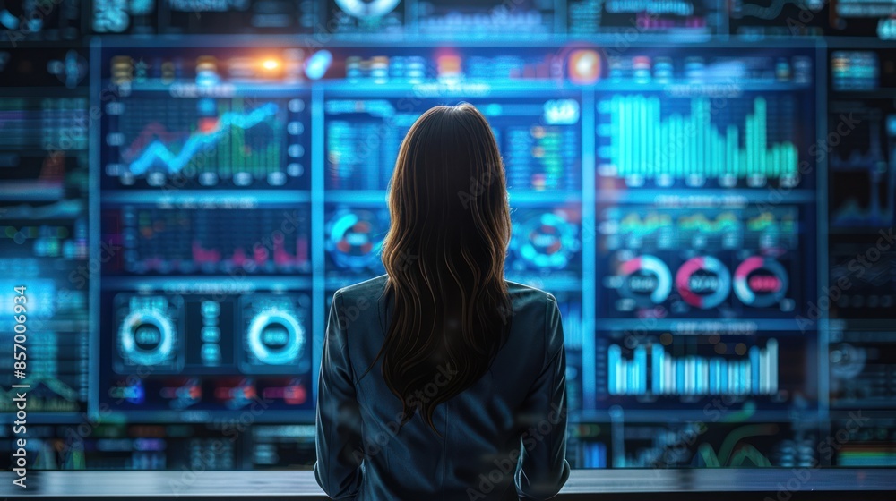 Businesswoman analyzing big data on large screen with charts, graphs, and neural statistics in monitoring room Businesswoman analyzing big data on large screen with charts, graphs, and neural statistics in monitoring room