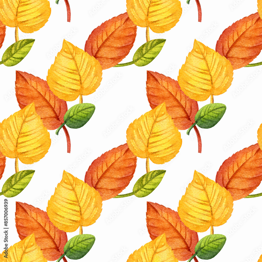 watercolor seamless pattern of autumn forest leaves, hand drawn illustration of yellow and orange forest leaves, green and brown different leaves, sketch isolated on white background