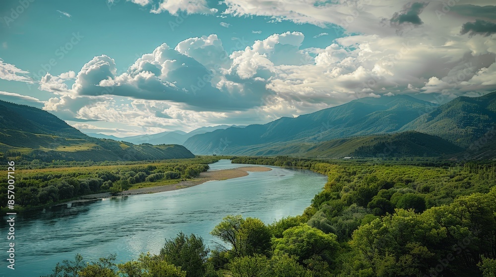 Obraz premium Imagine a peaceful river winding its way through a lush valley, with fluffy cumulus clouds drifting lazily overhead and casting fleeting shadows on the rippling waters below.