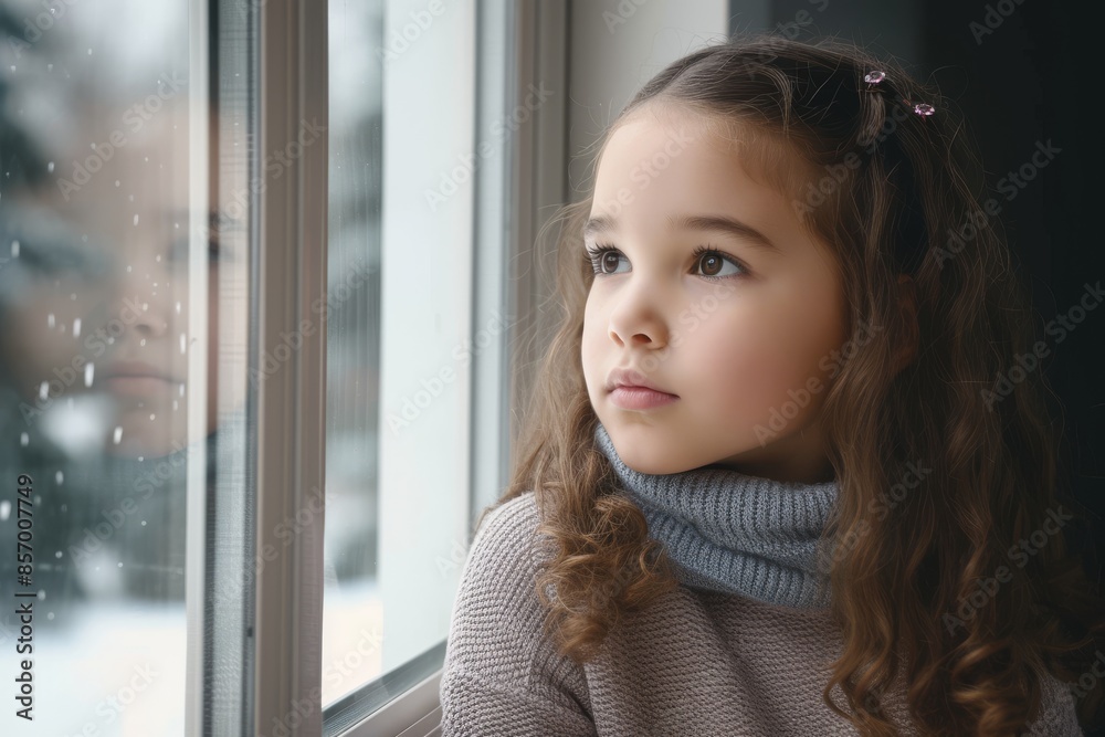 Child waiting, thinking and looking out a home window alone in a house bored by the windows, Kid, girl and young person look outdoor feeling calm, relax and lonely in a household with contemplation Child waiting, thinking and looking out a home window alone in a house bored by the windows, Kid, girl and young person look outdoor feeling calm, relax and lonely in a household with contemplation