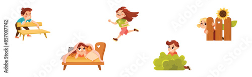 Kids Playing Hide and Seek Game Have Fun Vector Set