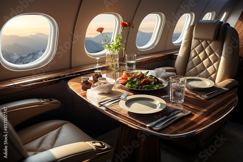 Interior of airplane with seats and tableware.