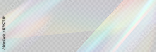 Blurred rainbow refraction overlay effect. Light lens prism effect on transparent background. Holographic reflection, crystal flare leak shadow overlay. Vector abstract illustration