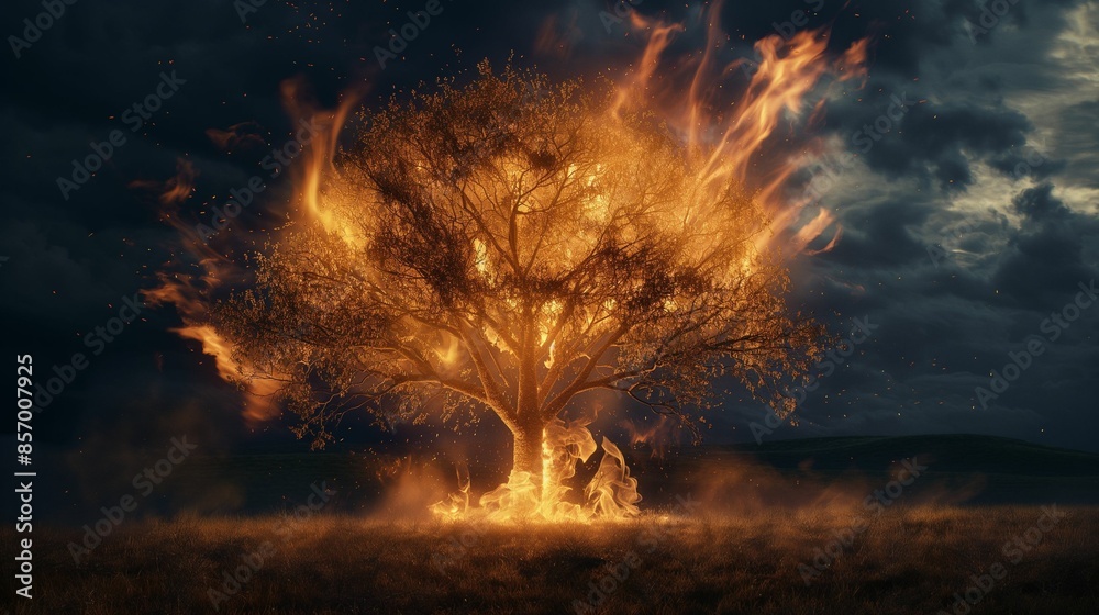 Tree engulfed in flames at night Tree engulfed in flames at night