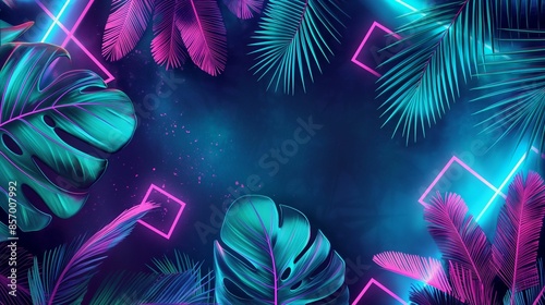 Tropical leaves with neon lighting on dark background.