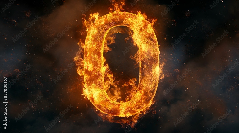 Number zero engulfed in flames with smoky background.