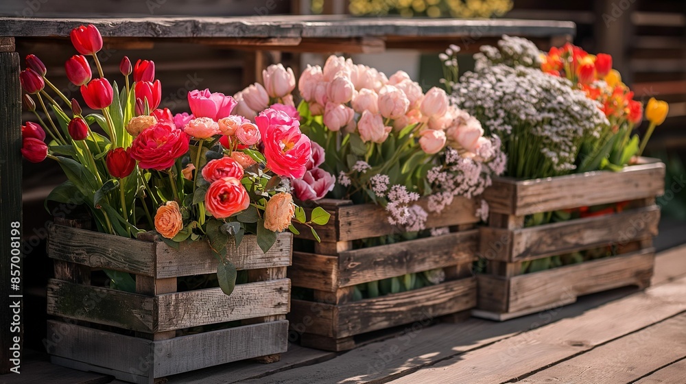 Assorted flowers in wooden crates on a rustic wooden background. Assorted flowers in wooden crates on a rustic wooden background.