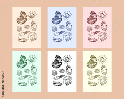 Seashell poster collection, summer beach, seashell. 6 different colors of posters for the interior.