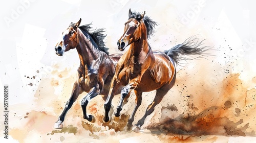 Watercolor drawing of a running horses, horse drawing © NabilBin