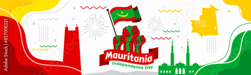 vector illustration, the flag of Mauritania flying against a blue sky background, as a Mauritania independence day banner.

 photo