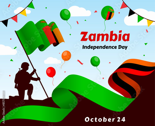 Zambia happy independence day greeting card, banner with template text vector illustration. Zambian memorial holiday 24th of October design element with 3D flag with stripes

