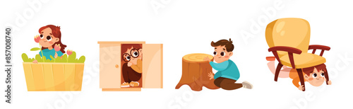 Kids Playing Hide and Seek Game Have Fun Vector Set