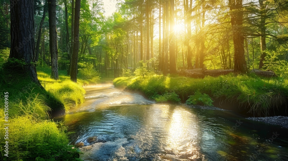 Fototapeta premium Imagine a tranquil forest stream winding its way through a sun-dappled glade, its gentle babbling and cool waters inviting you to wade in and immerse yourself in the beauty of nature.