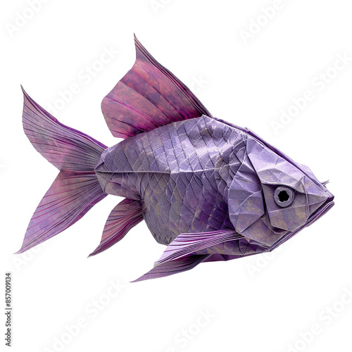 Angled view of a lavender origami Kissing Gourami fish isolated on a flat white transparent background photo