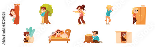 Kids Playing Hide and Seek Game Have Fun Vector Set
