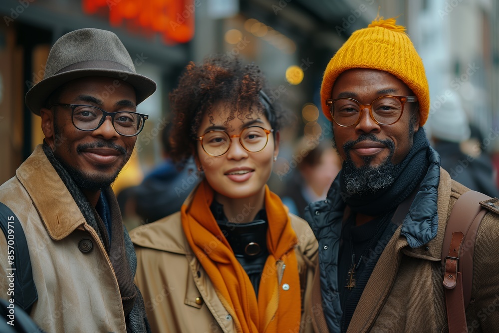 Three Friends Smiling In Winter Street Fashion Three Friends Smiling In Winter Street Fashion