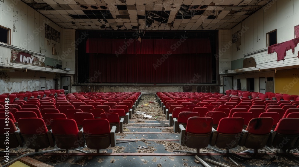 Naklejka premium In the absence of moviegoers, the movie theatre stands as a silent sentinel, its empty halls bearing witness to the passage of time in the ever-changing landscape of entertainment.