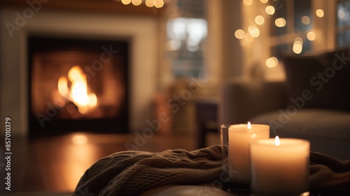 Warm and cozy living room setting with lit candles and a glowing fireplace, perfect for relaxation and comfort during the winter season.