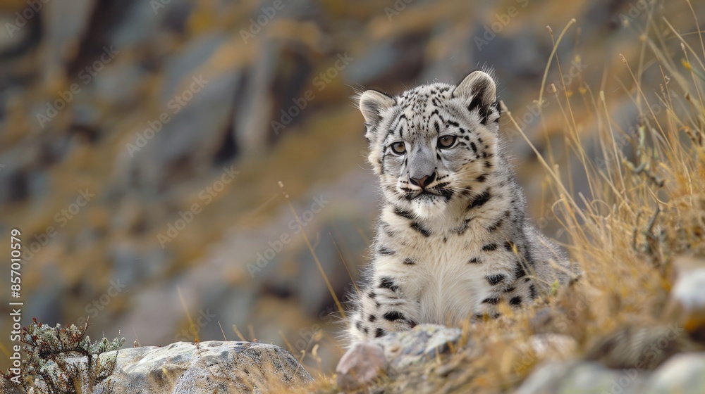 Obraz premium In the silence of the high-altitude wilderness, the portrait of the snow leopard cub speaks volumes, capturing the essence of a species teetering on the brink of extinction
