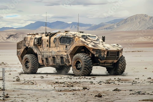 A military transport vehicle with adaptive camouflage drives through a desert landscape. Generative AI